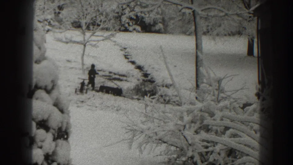 The Martinsburg winter scene shows the man beside wood in deep snow, with bare trees, a dark path, and part of a house visible.