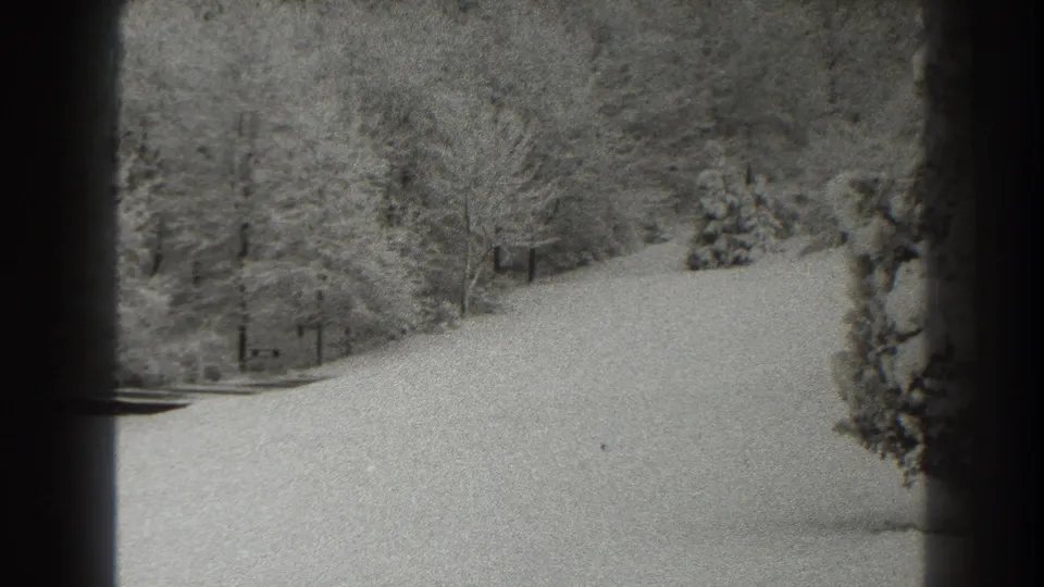 Final 1938 Martinsburg winter frame showing a snowy slope, dense trees, and dark home-movie framing around the view.
