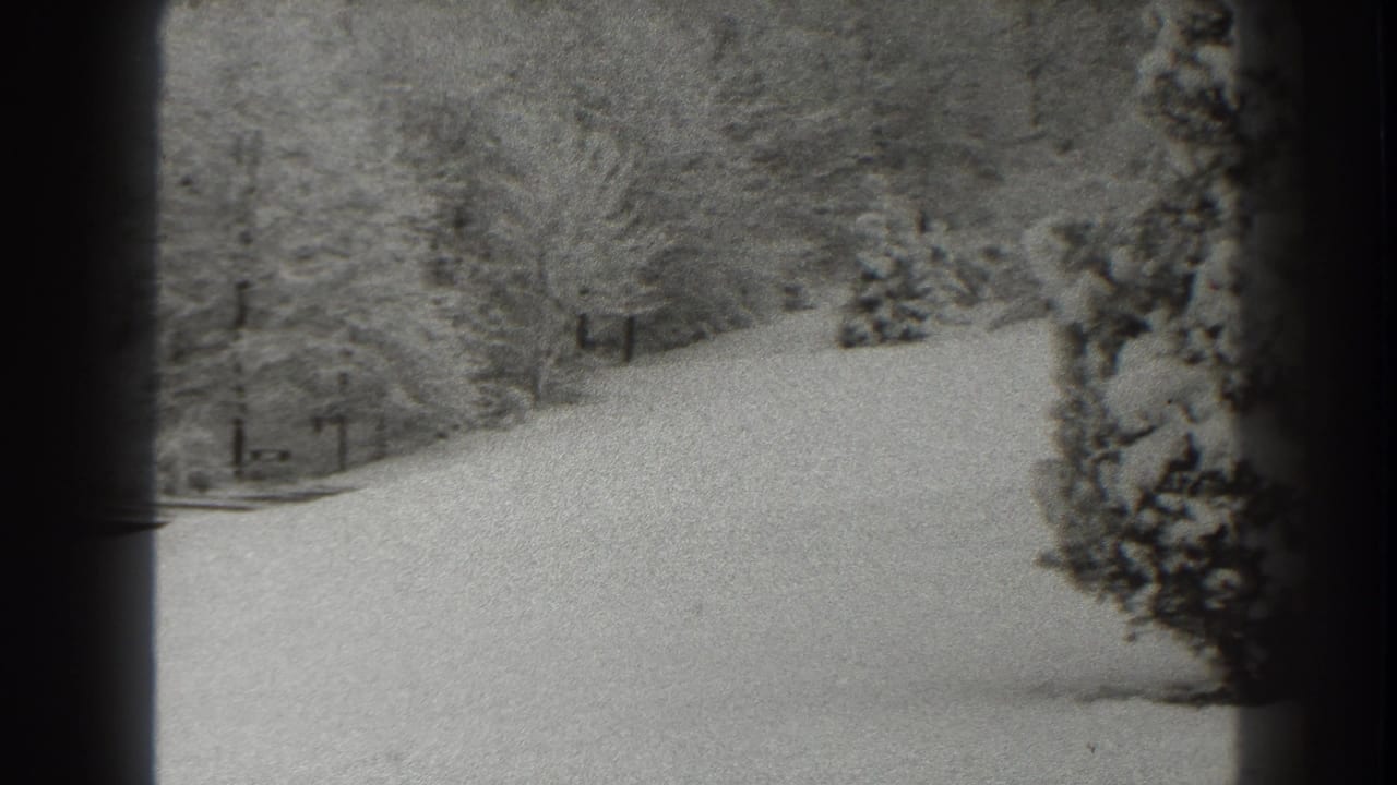 1938 Martinsburg home-movie frame showing a snowy yard, leafless trees, and a snow-covered shrub near dark frame edges.