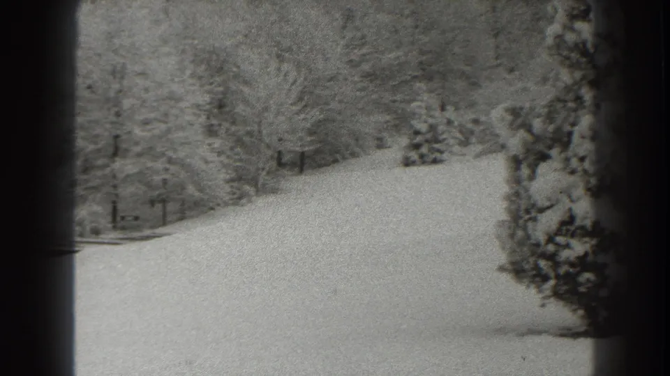 1938 Martinsburg home-movie frame showing a snowy yard, leafless trees, and a snow-covered shrub near dark frame edges.