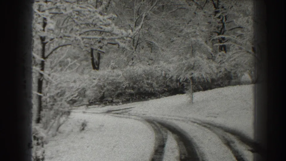 Black-and-white 8mm frame from the Martinsburg metadata area showing a snowbound rural road edge and winter trees.