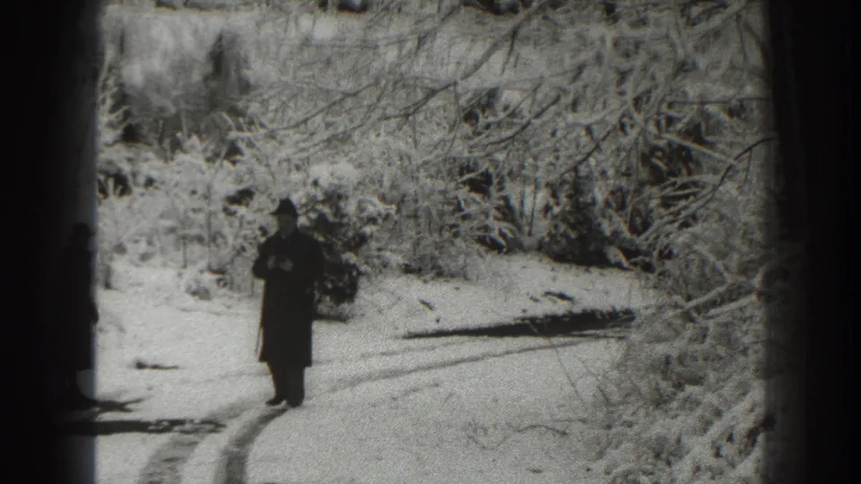 A bundled person stands near the center of a snowy Martinsburg road, with bare branches and snow-covered shrubs around them.