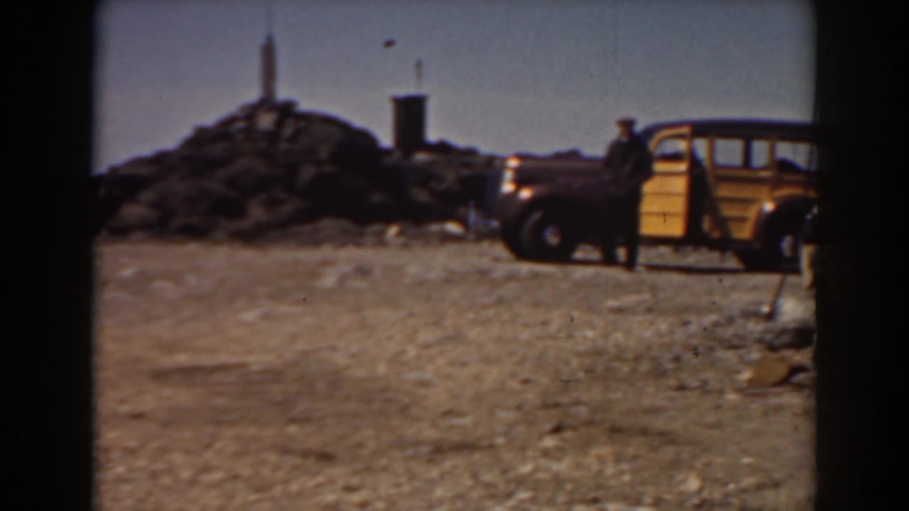 Yellow wood-paneled car beside open ground with a man standing near the door.