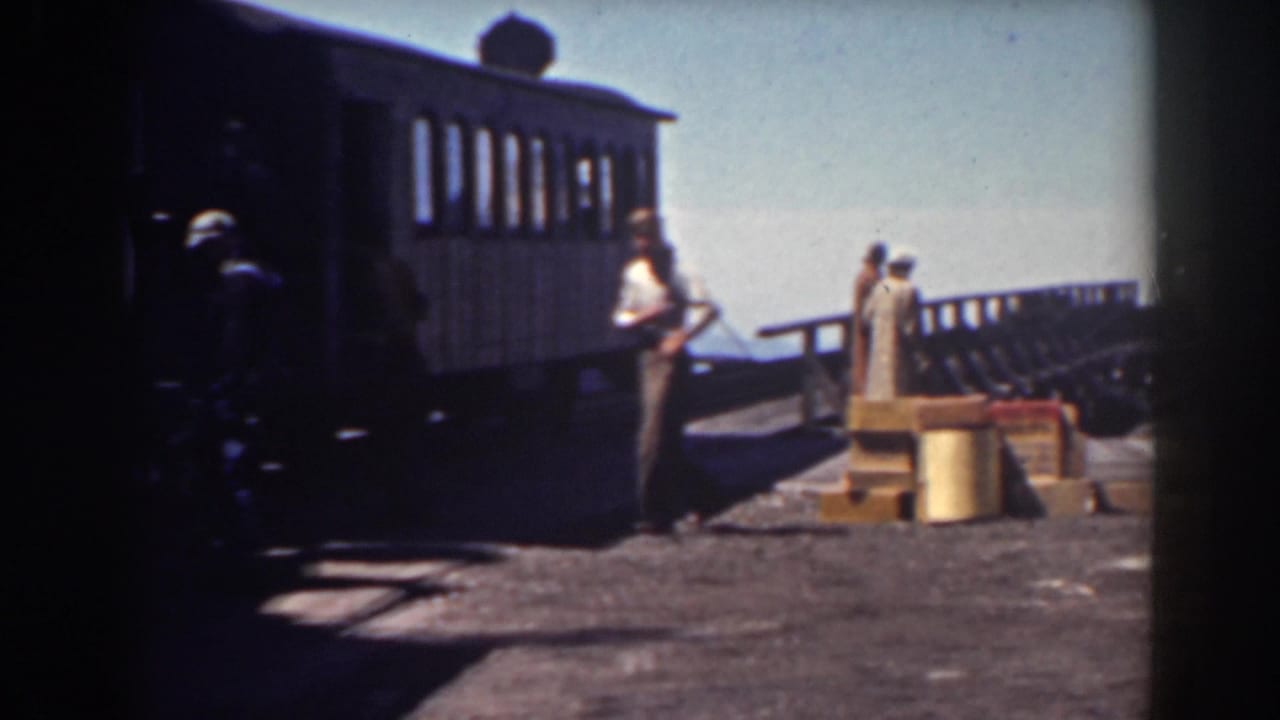 People stand beside a railcar on a sunny platform with crates nearby.