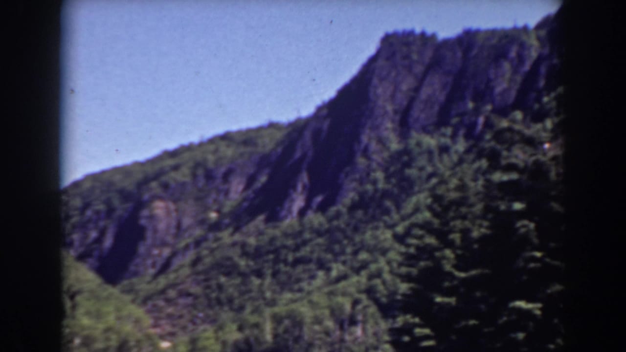 Forested mountain slope with rocky cliffs under blue sky.
