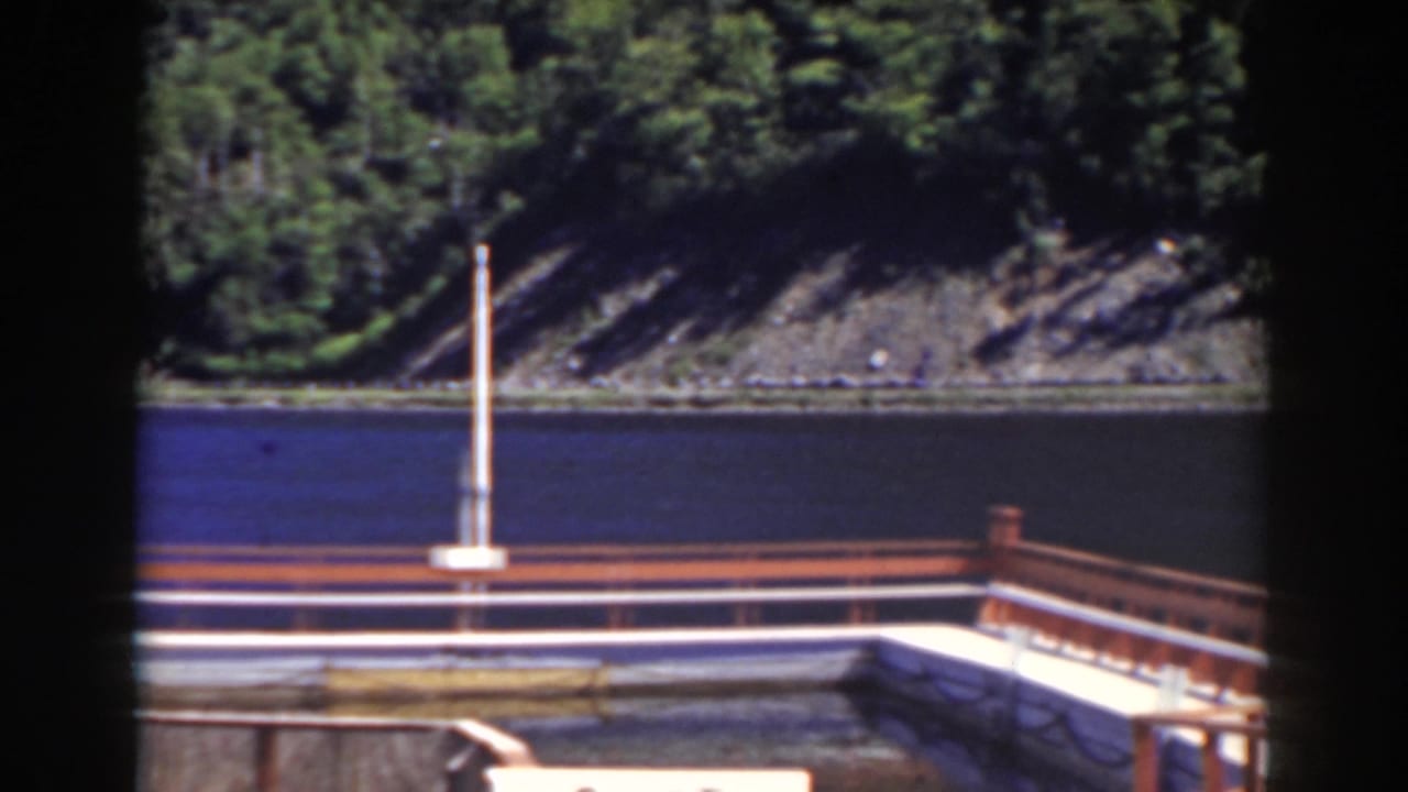 Dock railing and white pole crossing the lower frame with wooded shoreline across the water.