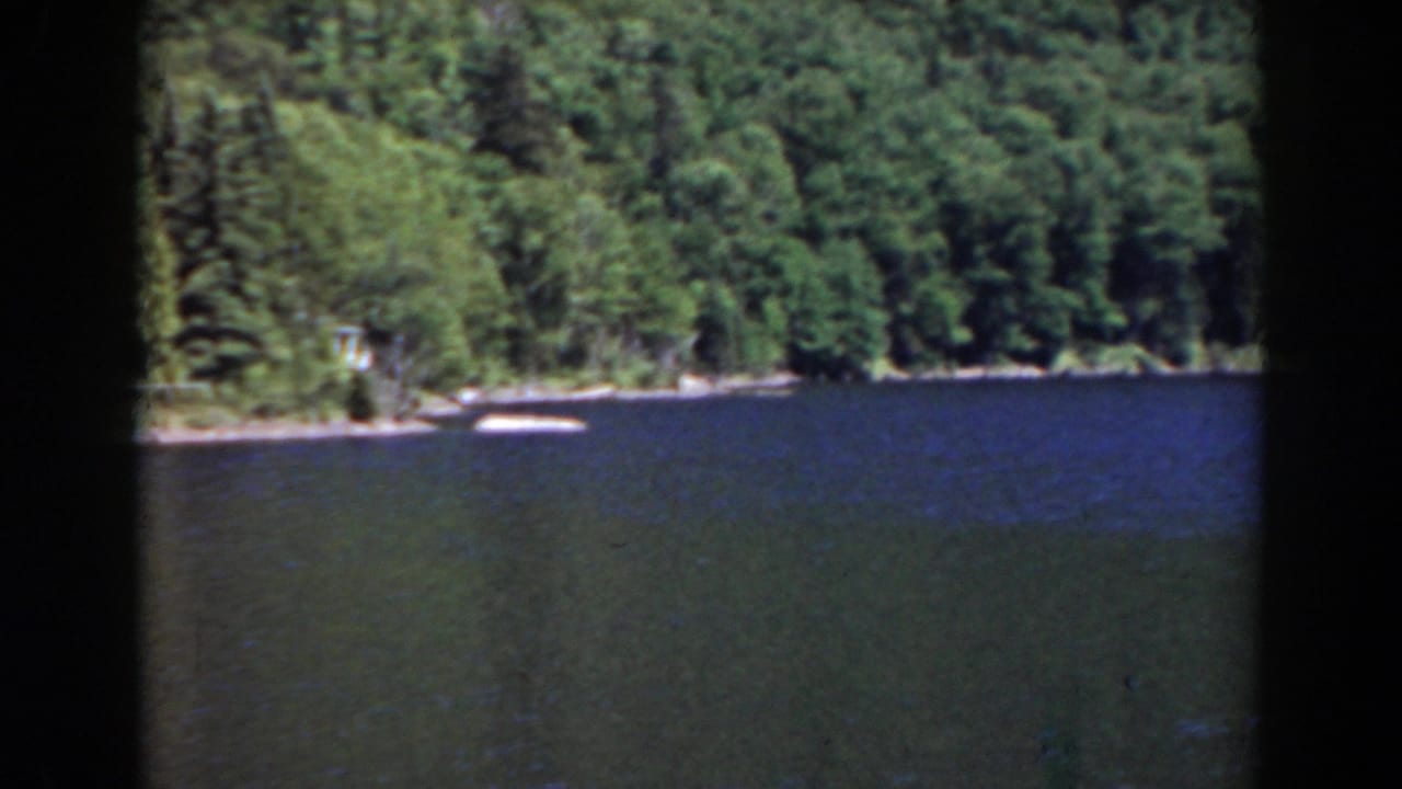 Blue lake bordered by dense forest, seen through dark 8mm frame edges.