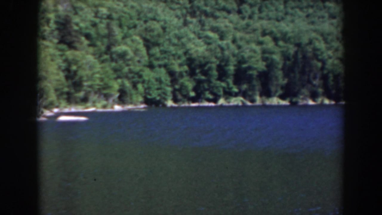 Forested shoreline across a blue lake with dark vertical film border.