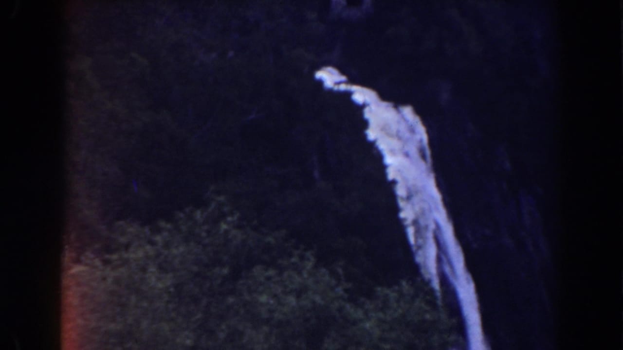 White waterfall dropping along a dark cliff above dense foliage.