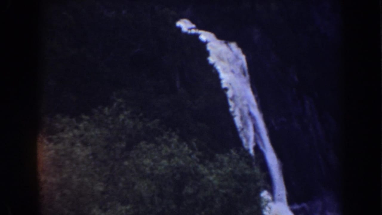 Waterfall descending from the upper cliff into shadowed trees.