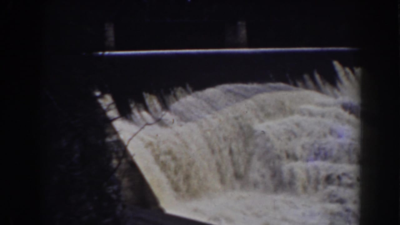 Foamy water rushes over a dam spillway framed by dark trees.