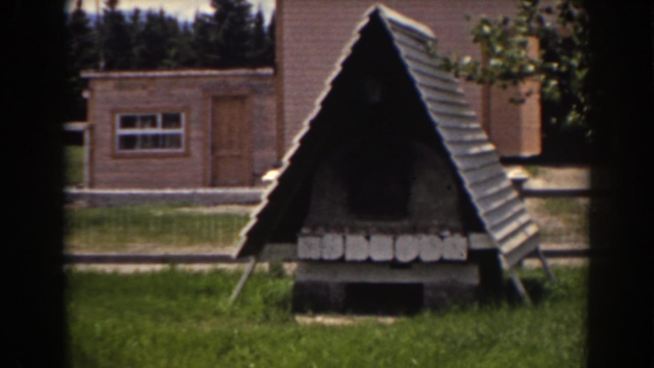 Small A-frame yard structure in grass with a brick outbuilding behind it.
