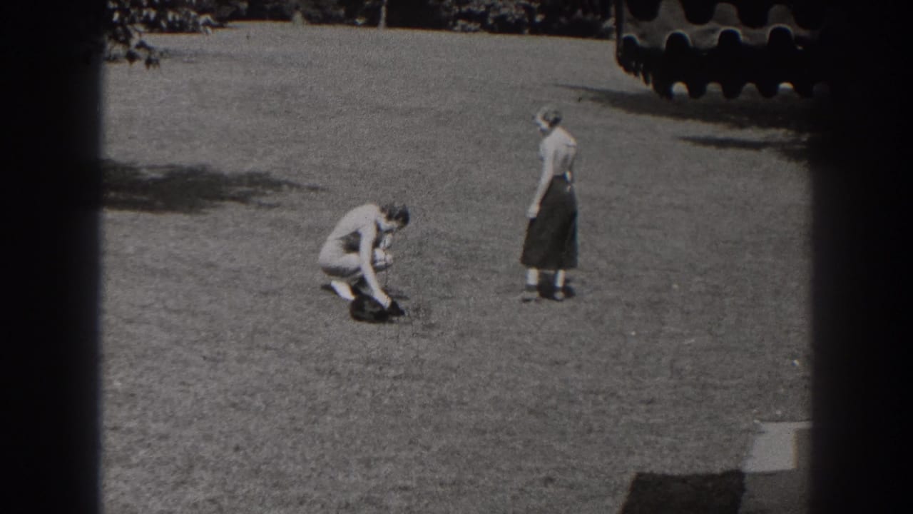 The man crouches beside the small dark dog in the New Jersey park scene as the woman remains standing a short distance away.