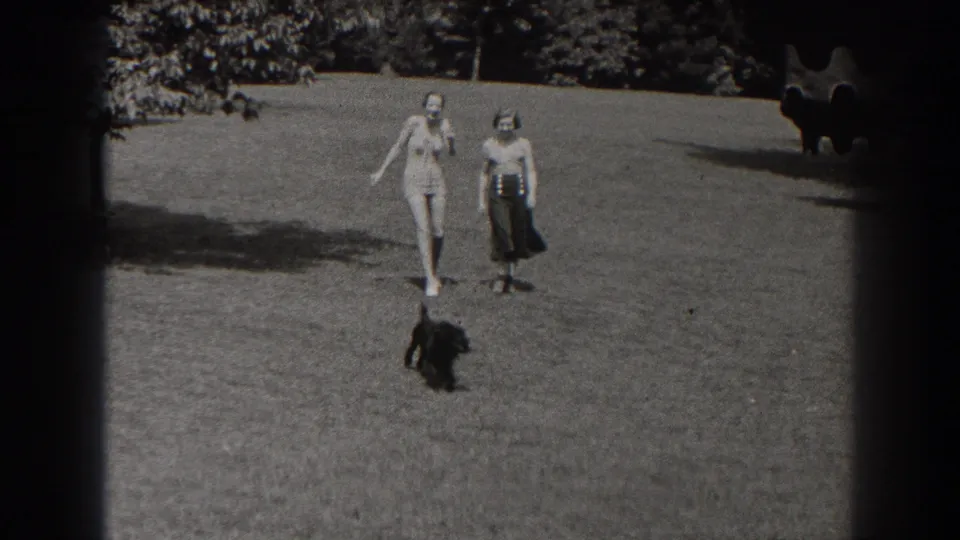 Two adults walk across the New Jersey lawn while a small dark dog stands or moves in the foreground.
