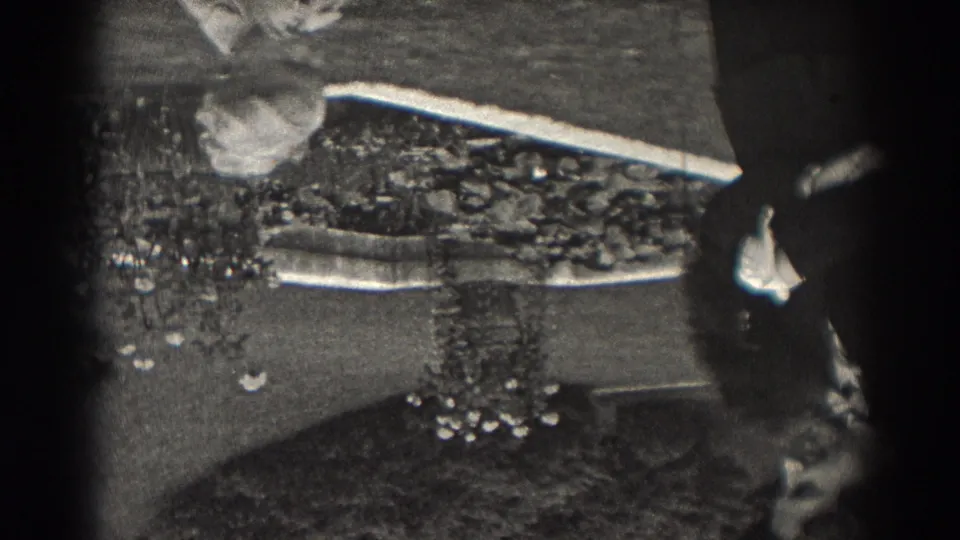 A soft, partially obscured outdoor frame shows lawn and shrubbery with a cropped human figure near the right edge, consistent with the 8mm home-movie garden setting.