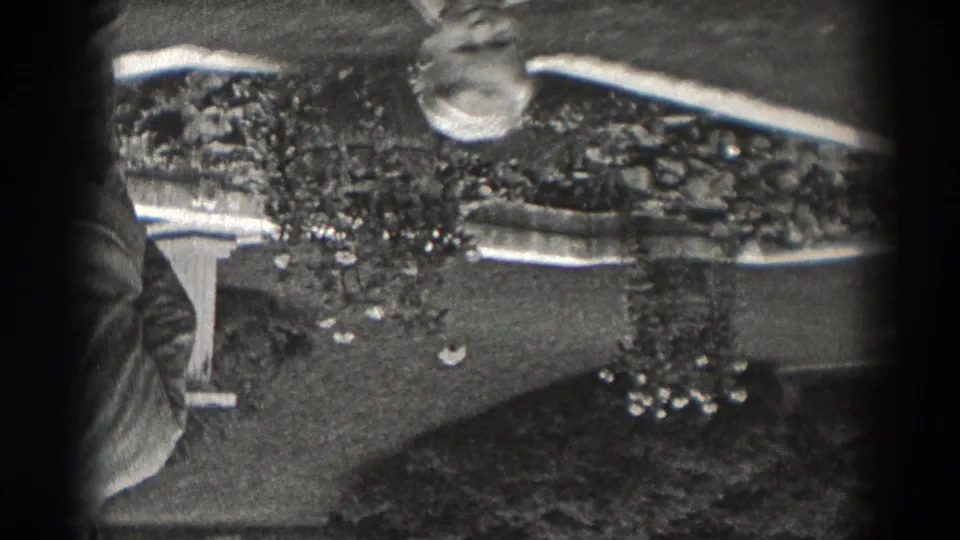 Inverted 1938 New Jersey 8mm frame with two male figures partly visible near a fountain and garden planting.