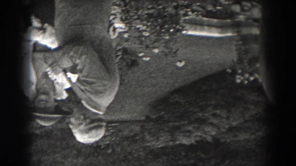 1938 New Jersey home-movie frame, upside down, with an adult bending or leaning in a garden near shrubs, lawn, and a pale structure.
