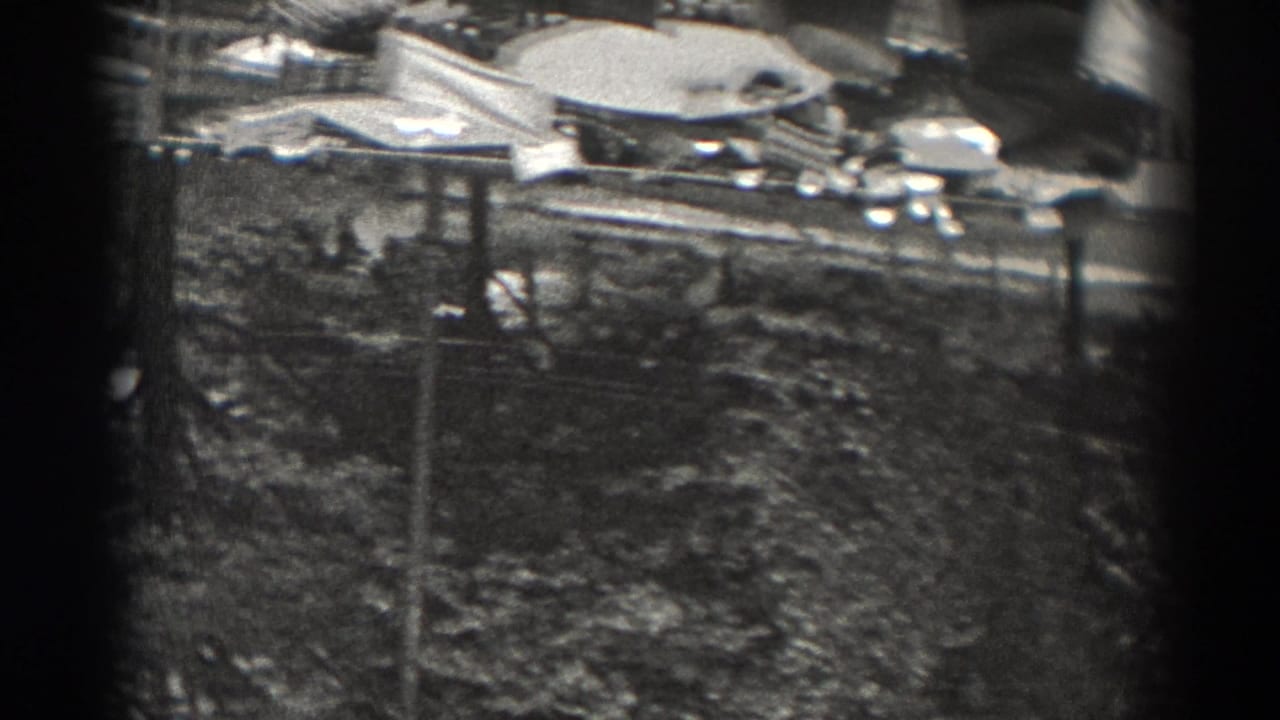 High-angle 1938 New Jersey view across a tree-lined city area with rooftops, poles, and light-colored ground surfaces.