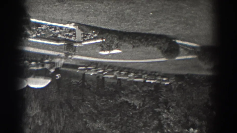 1938 New Jersey home-movie frame with an upside-down park scene, showing a curved path, trees, grass, and a low structure in the distance.