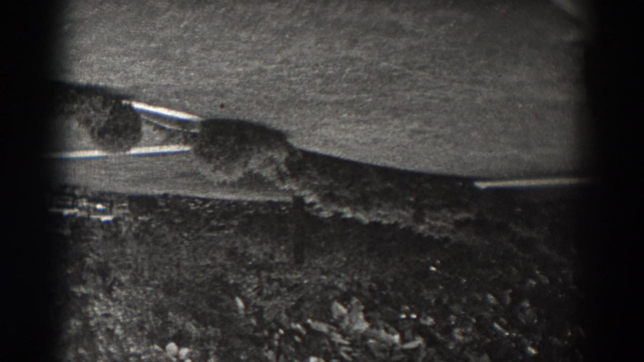 Upside-down 1938 New Jersey home-movie frame showing a paved surface, rough grass, and low plants with dark 8mm frame edges.