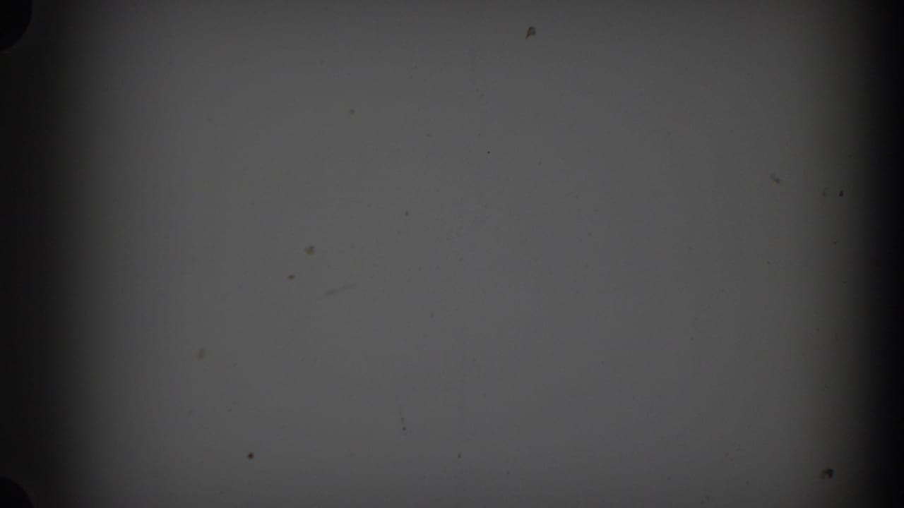 1938 New Jersey home-movie frame with a nearly blank gray field, scattered dust marks, and darkened film edges.