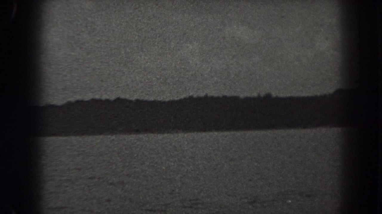 Dark shoreline across a grainy lake beneath a pale sky with heavy vignette.