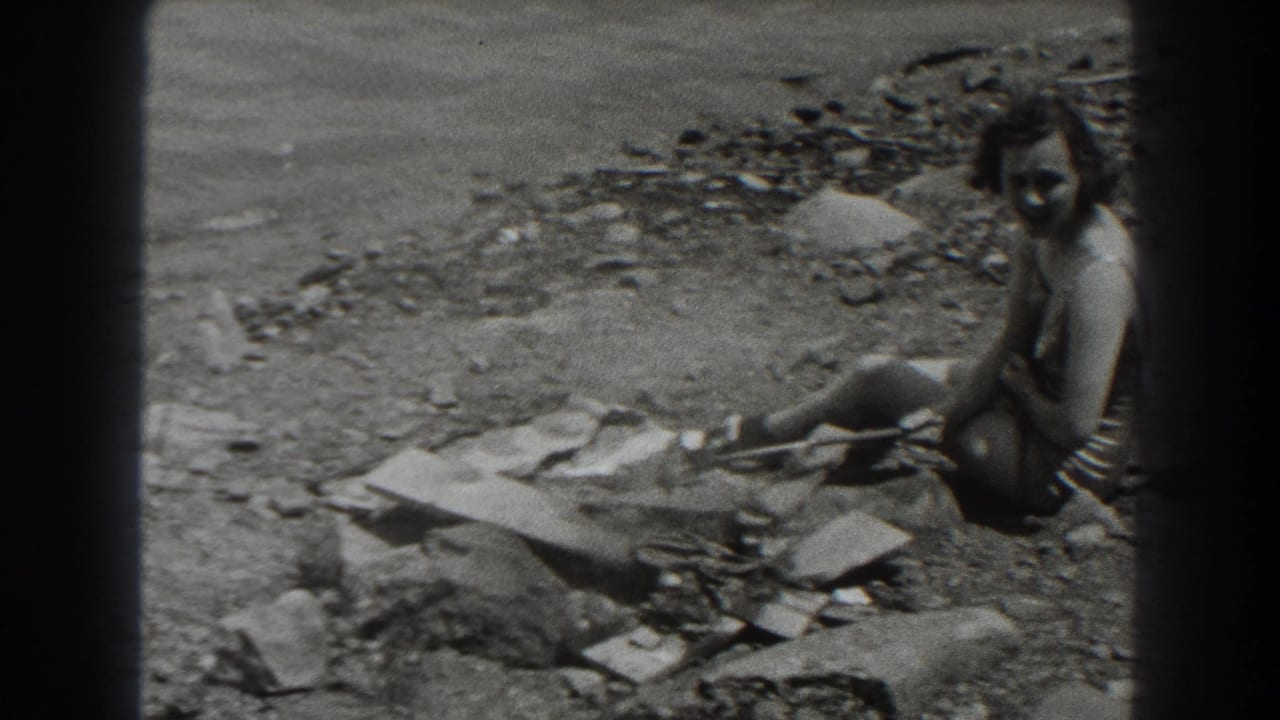 Woman in a light swimsuit sits on a rocky lakeshore near scattered boards.