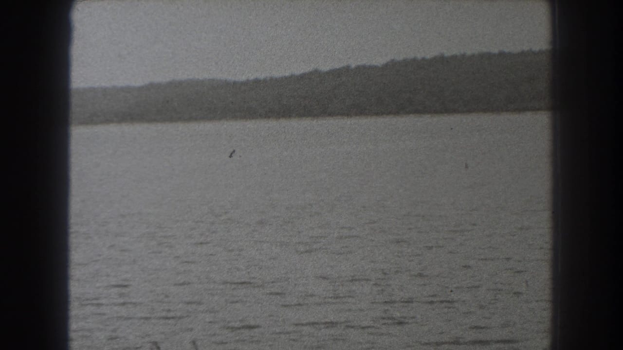 1938 New Jersey home-movie frame showing lake water, a far tree-lined shore, and heavy 8mm frame edges.