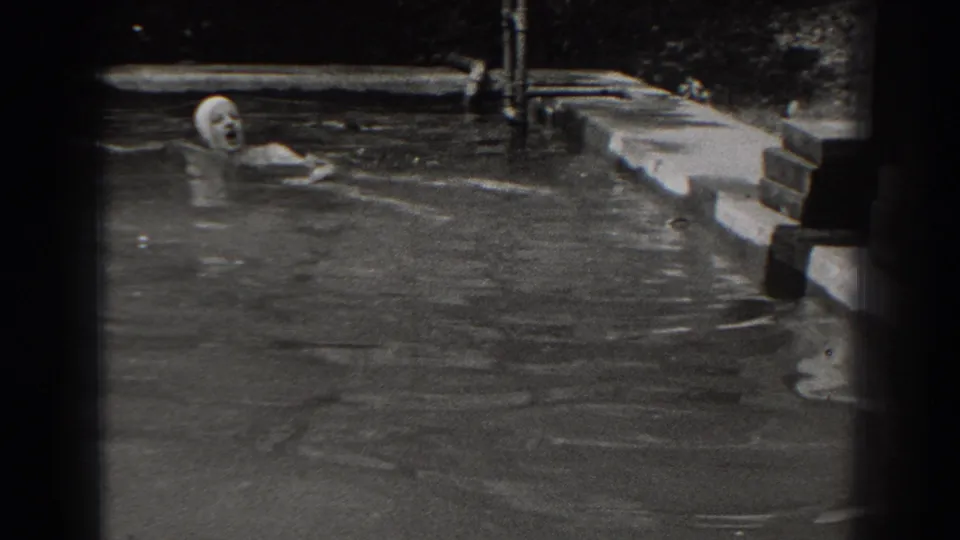 In 1938 New Jersey home-movie footage, a woman in a swim cap moves through a backyard pool near concrete coping.