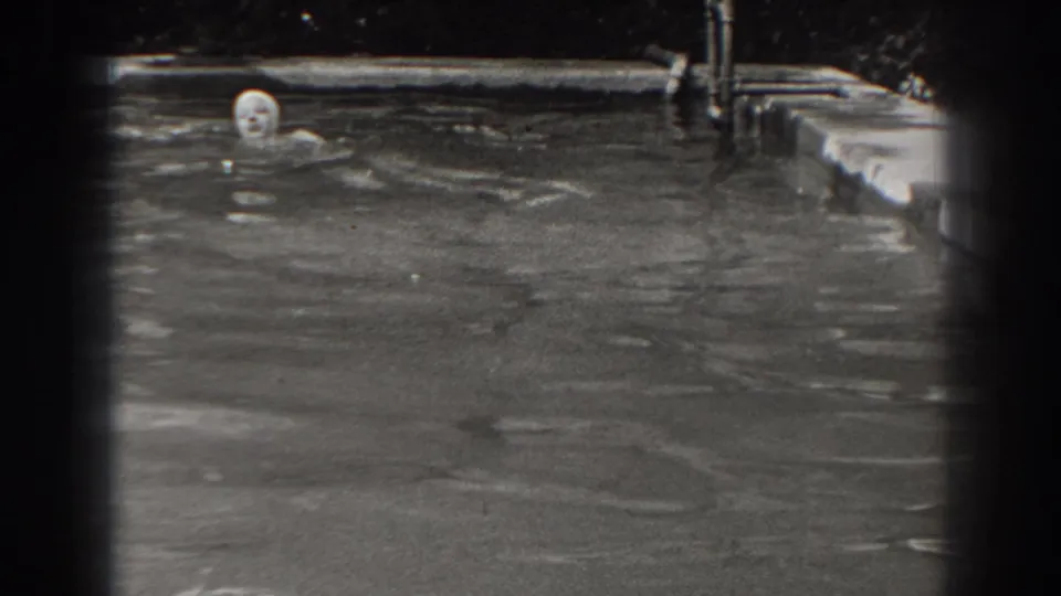 The swimmer’s capped head and shoulders are visible as she moves across a backyard pool in New Jersey home-movie footage.