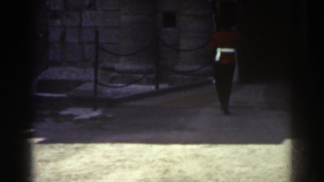 A sentry in red uniform stands near a rope barrier beside a stone wall.