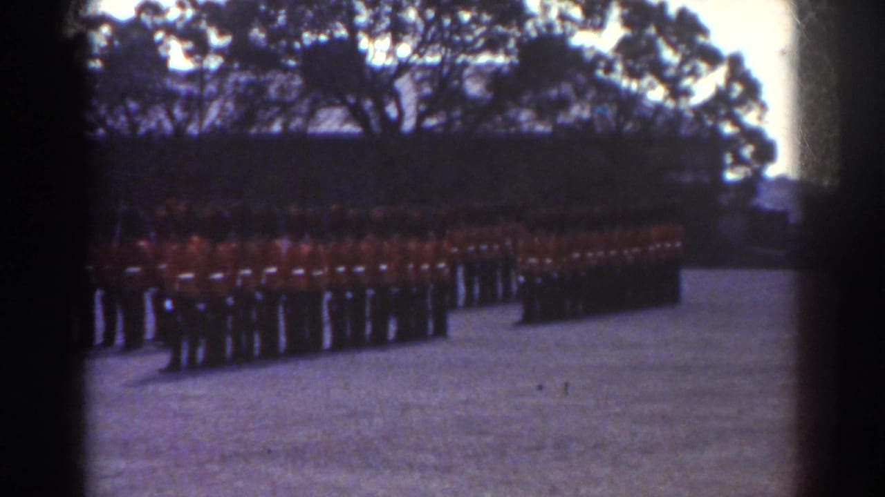 Rows of red-coated soldiers stand in formation on a pale outdoor field.
