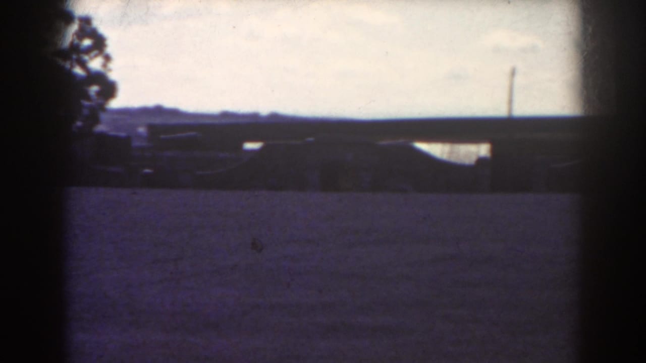 An open field with trees and distant structures, partly obscured by dark film edges.