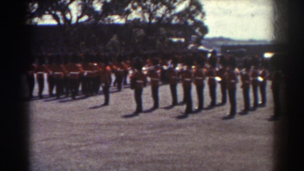 Rows of uniformed guards hold position with instruments in an outdoor formation.