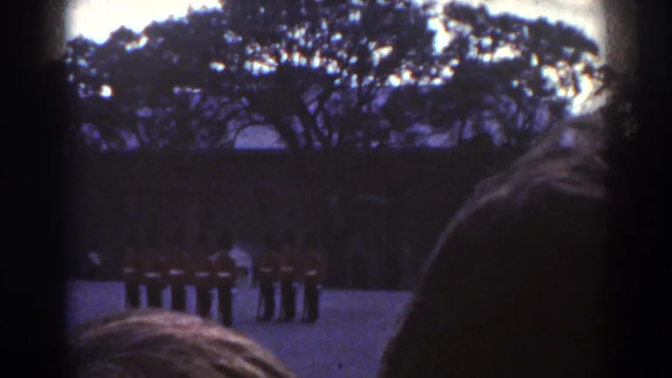 The Quebec 1938 scene shows a small formation of red-coated soldiers across a courtyard, partially blocked by a nearby onlooker.
