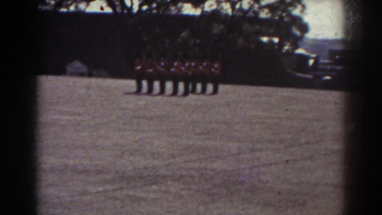 Line of people standing on a field near trees and distant buildings.