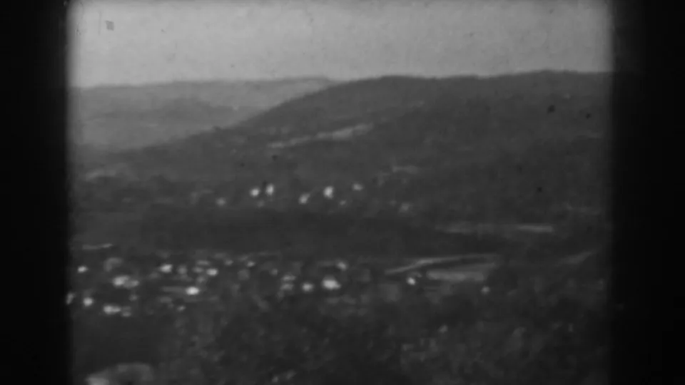 Vineland, New Jersey townscape from 1938, with clustered rooftops, foreground brush, and low hills beyond.