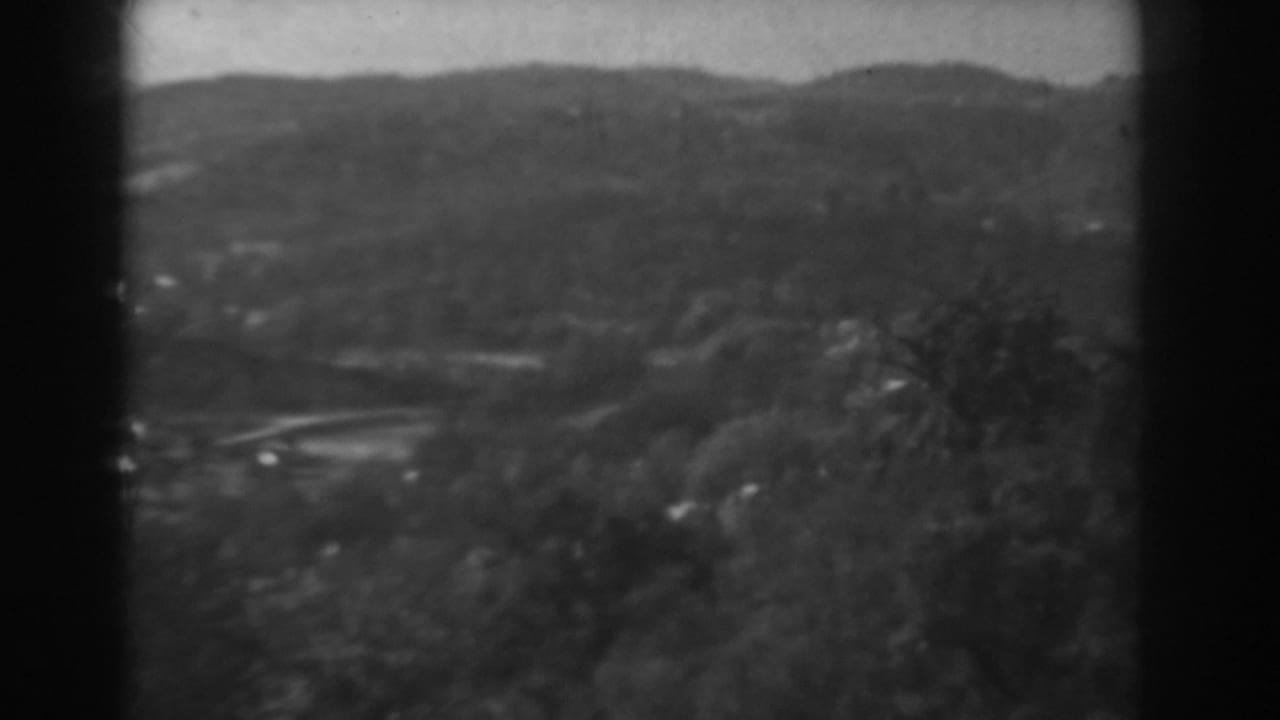 1938 8mm home-movie frame showing a soft elevated view of wooded hills near Vineland, New Jersey.