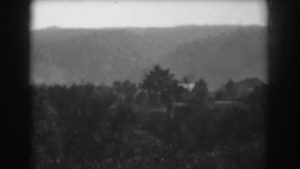 1938 black-and-white home-movie view of distant low hills beyond treetops and brush near Vineland.