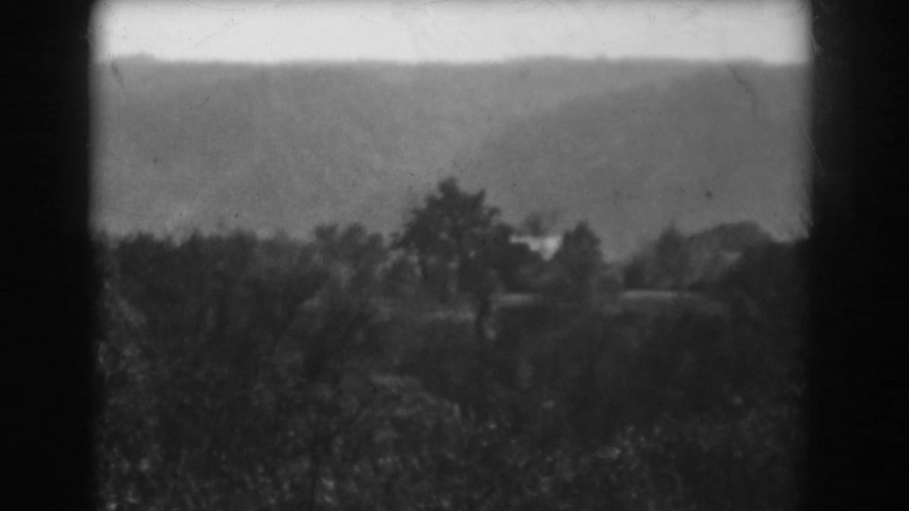 Soft black-and-white view of trees and distant hills framed by dark 8mm film borders.
