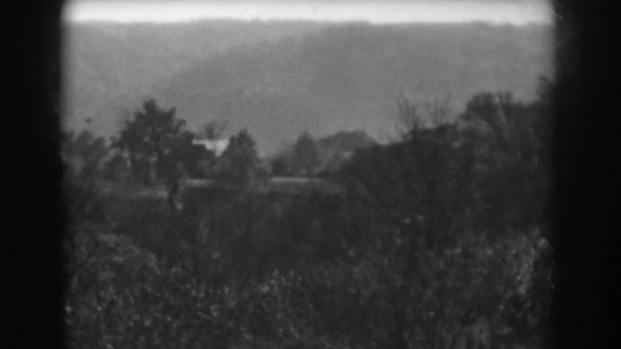 Distant tree line and hill seen through a soft, dark 8mm frame edge.