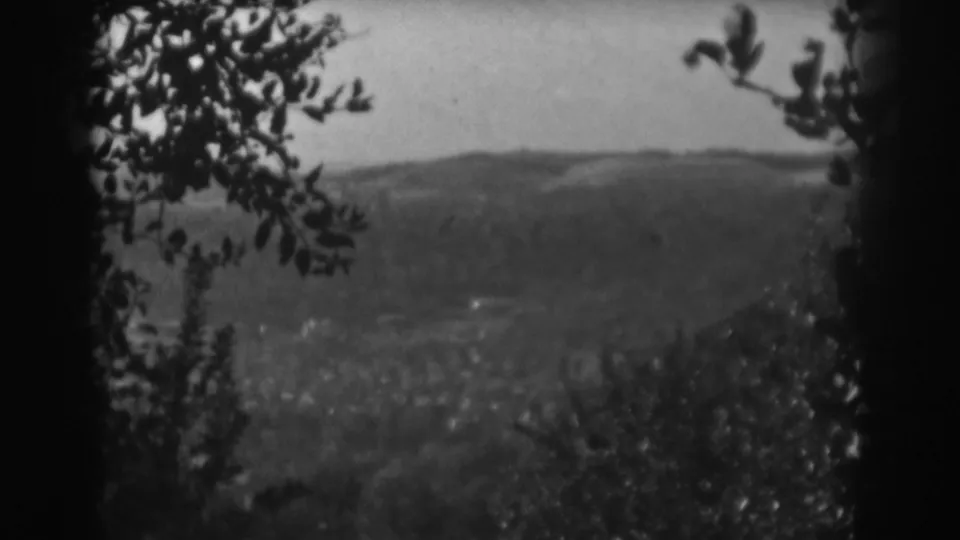 1938 home-movie frame with silhouetted foliage surrounding a distant New Jersey hillside and valley landscape.