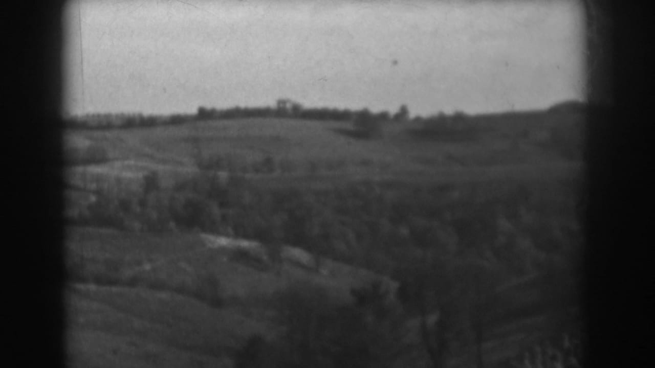 Soft black-and-white view of rolling fields, trees, and a small distant structure on the horizon.