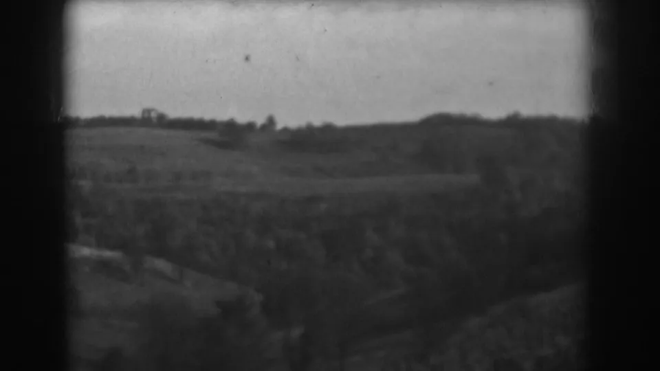 Soft 1938 8mm frame from Vineland showing a rural hillside, dark tree growth in the foreground, open grass, and a distant structure.