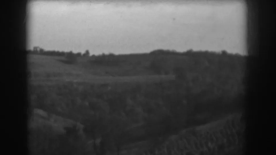 1938 Vineland home-movie frame with fields and tree rows leading toward a low hill and distant rural horizon.