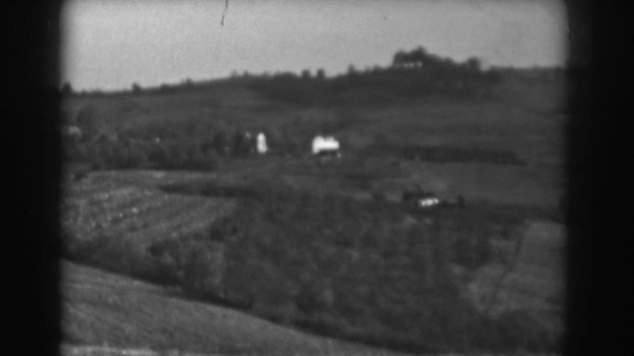 Rural hillside with cultivated rows, distant trees, and small light-toned buildings.