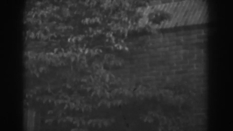 1938 Vineland 8mm frame showing a brick exterior partly obscured by foliage and dark frame edges.