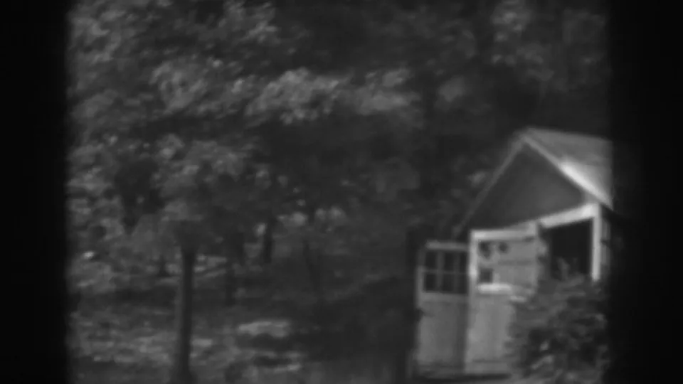 1938 Vineland, New Jersey frame of a small shed and open doorway beside trees on a wooded hillside.