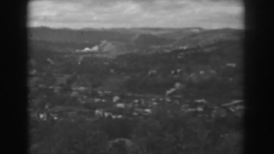 1938 Vineland home-movie frame showing a distant town set among low hills under a cloudy sky, with blurred plants in the foreground.