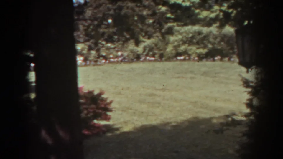 1938 West Virginia 8mm home-movie view of a bright mowed backyard seen through dark trees and garden shade.